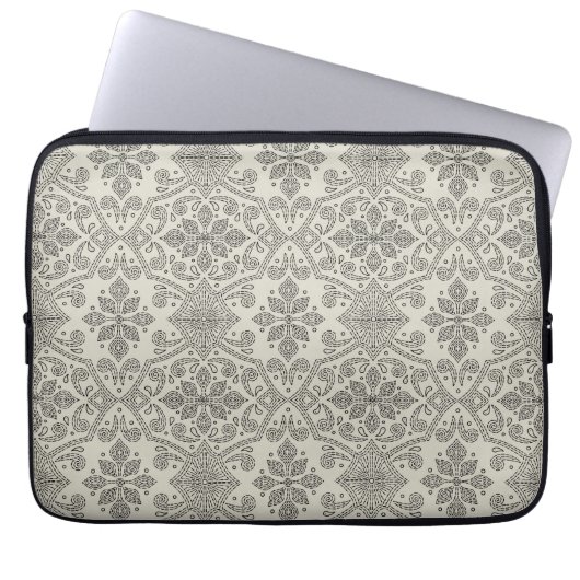 Boho Floral Damask Line Art, Black on Beige Laptopschutzhülle (Vorderseite)