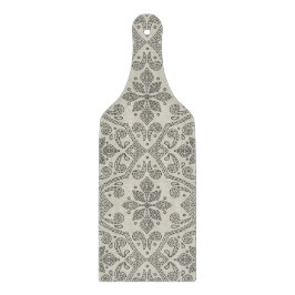 Boho Floral Damask Line Art, Black on Beige Schneidebrett