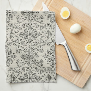 Boho-Floral Damast-Linienkunst, Schwarz auf Beige Geschirrtuch