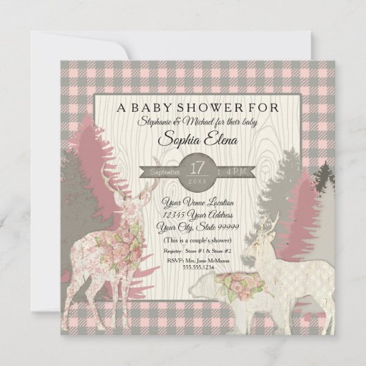 BOHO Floral Deer Bear Wald Wald Kariert Girl Einladung (Vorderseite)