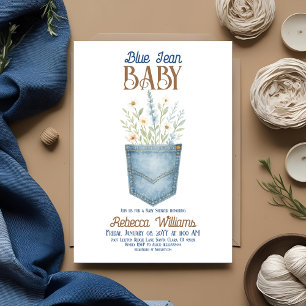 Boho Floral Denim Boy Blue Jean Baby Shower Einladung