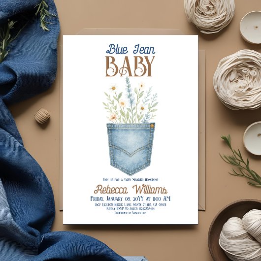 Boho Floral Denim Boy Blue Jean Baby Shower Einladung