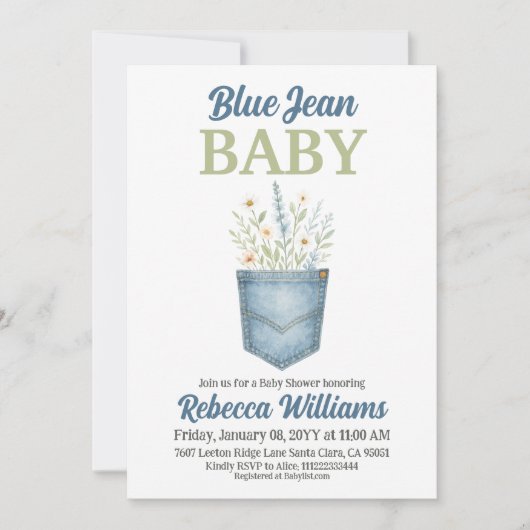 Boho Floral Denim Pocket Blue Jean Baby Shower Einladung (Vorderseite)