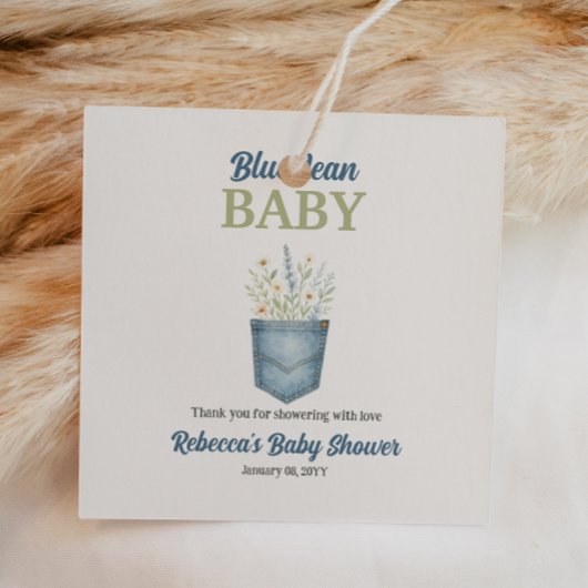 Boho Floral Denim Pocket Blue Jean Baby Shower Geschenkanhänger