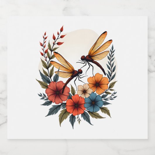 Boho Floral Dragonfly Schaumweinetikett (Einzelnes Label)