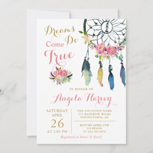 Boho Floral Dream Catcher Pink & Gold Baby Dusche Einladung (Vorderseite)