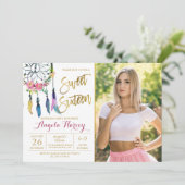 Boho Floral Dream Catcher Sweet 16 Birthday Foto Einladung (Stehend Vorderseite)