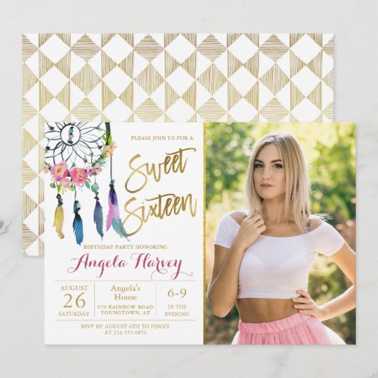 Boho Floral Dream Catcher Sweet 16 Birthday Foto Einladung (Vorne/Hinten)