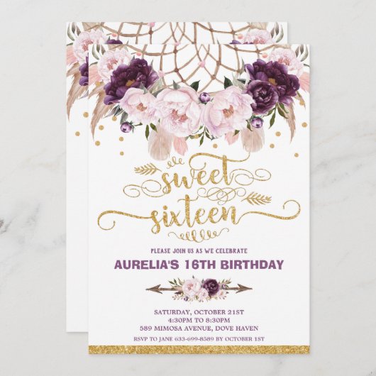 Boho Floral Dream Catcher Sweet 16. Geburtstag Einladung (Vorne/Hinten)