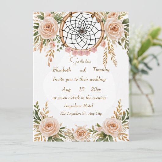 Boho Floral Dreamcatcher Save the Date Card (Stehend Vorderseite)