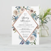 Boho Floral Dusty Blue Rose Gold Baby Dusche Einladung (Stehend Vorderseite)