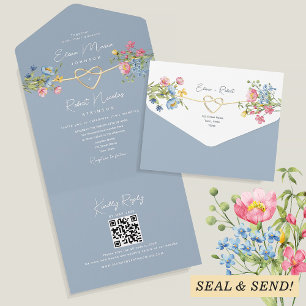 Boho Floral Dusty Blue Wedding All In One Einladung