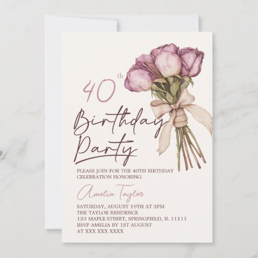 Boho Floral Elegant 40. Geburtstag Einladung (Vorderseite)