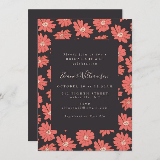 Boho Floral Elegantes Black Red Brautparty Einladung (Vorne/Hinten)