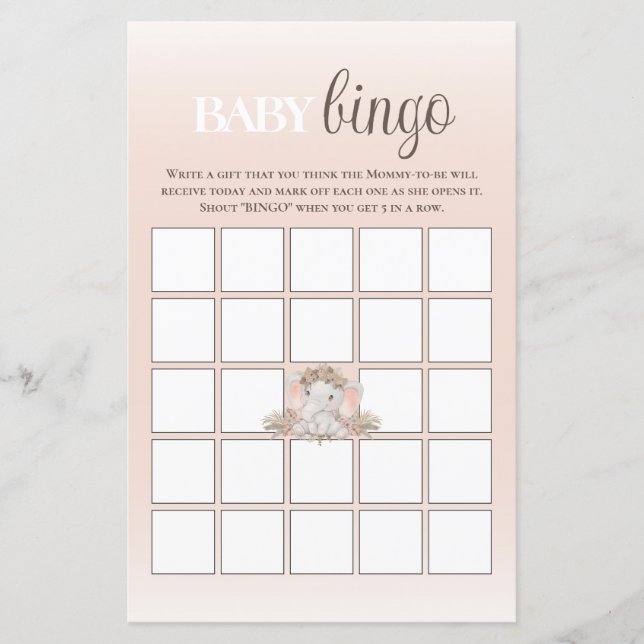 Boho Floral Elephant Baby Bingo Baby Showspiel (Vorderseite)