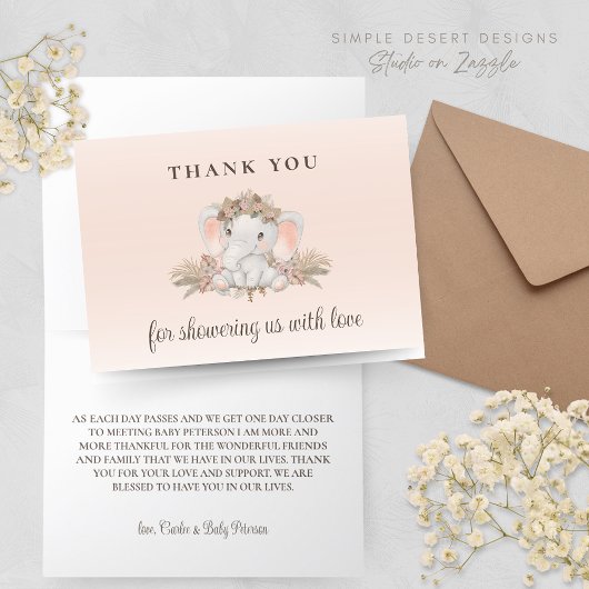 Boho Floral Elephant Babydusche Danke Karte