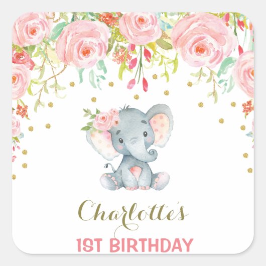 Boho Floral Elephant Birthday Favor Sticker Tag (Vorderseite)