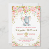 Boho Floral Elephant Einladung Pink Baby Dusche (Vorderseite)