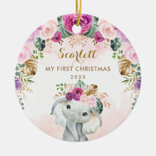 Boho Floral Elephant Girl Baby 1. Weihnachten Keramik Ornament