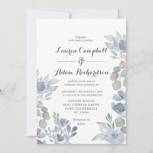 Boho Floral & Eucalyptus Dusty Blue Wedding Einladung (Vorderseite)