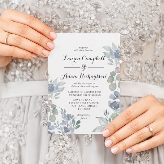 Boho Floral & Eucalyptus Dusty Blue Wedding Einladung