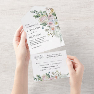 Boho Floral Eukalyptus Aquarell-Hochzeit All In One Einladung