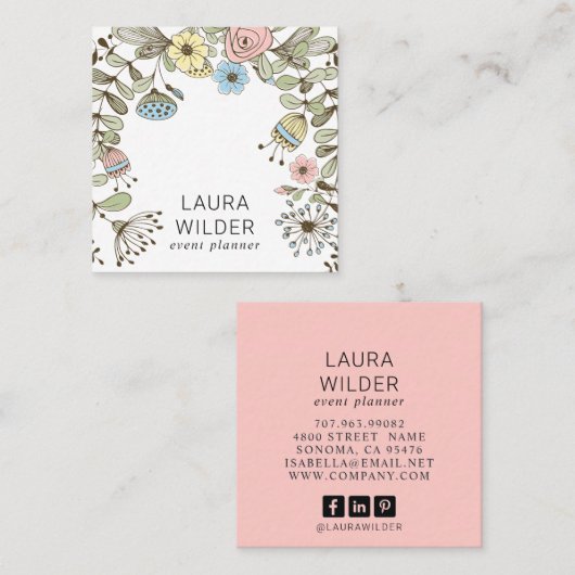 Boho Floral Event Plane Pink Square Business Quadratische Visitenkarte (Vorne/Hinten)