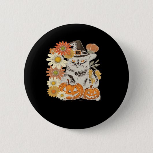 Boho Floral Fall Black Cat Halloween Essential T-S Button (Vorderseite)