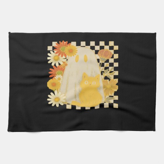 Boho Floral Fall Ghost and Black Cat Halloween Fal Geschirrtuch (Horizontal)
