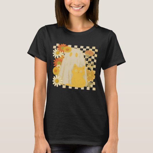 Boho Floral Fall Ghost and Black Cat Halloween Fal T-Shirt (Vorderseite)