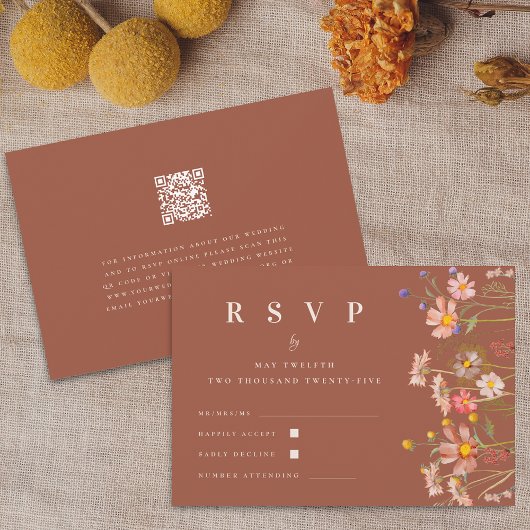 Boho Floral Fall Terracotta Beige Qr Code Wedding RSVP Karte