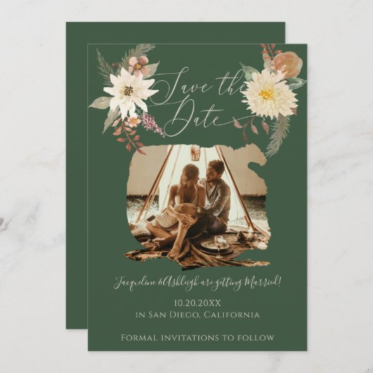 BOHO Floral Fall Wasserfarbenwald Grünes Foto Save The Date (Vorne/Hinten)