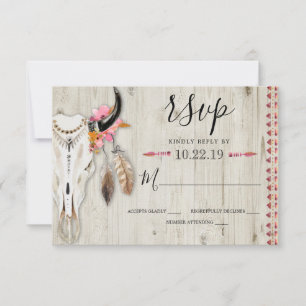 Boho Floral Feather Antler Kuh Skull Wood Wedding RSVP Karte