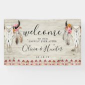 Boho Floral Feather Antler Skull Hochzeit Begrüßun Banner (Horizontal)