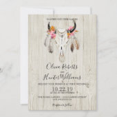 Boho Floral Feather Antlers Skull Wood Wedding Einladung (Vorderseite)