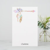 Boho Floral Feather Arrow Name Schreibpapier Briefpapier (Stehend Vorderseite)