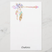 Boho Floral Feather Arrow Name Schreibpapier Briefpapier (Vorderseite)