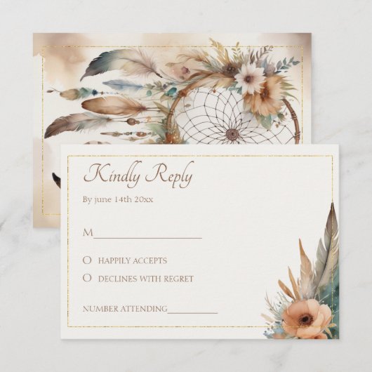 Boho Floral Feather Dreamcatcher Wedding RSVP Karte (Vorne/Hinten)