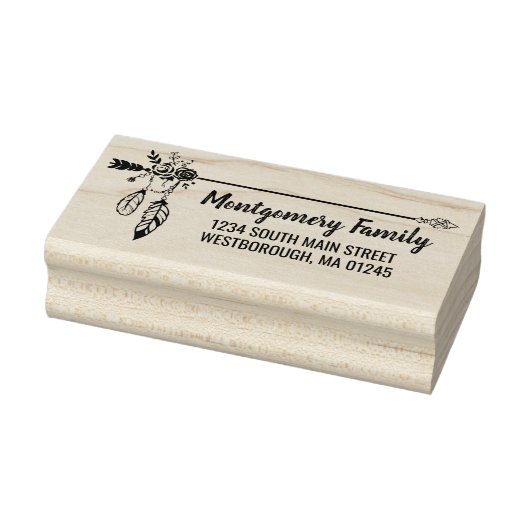 Boho Floral Feather Individuelle Name Rücksendeadr Gummistempel (Stempel)