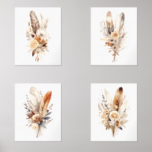 Boho Floral Feathers Beige Brown Gray Wall Art Set