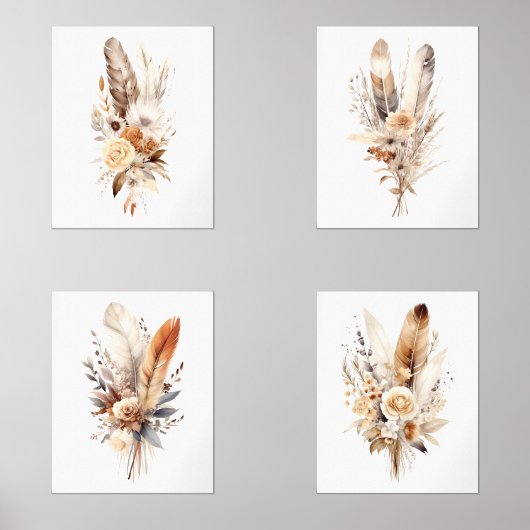 Boho Floral Feathers Beige Brown Gray Wall Art Set (Vorderseite)