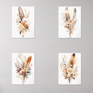 Boho Floral Feathers Beige Brown Gray Wall Art Set