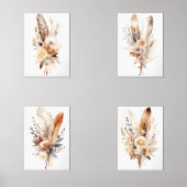 Boho Floral Feathers Beige Brown Gray Wall Art Set (Vorderseite)