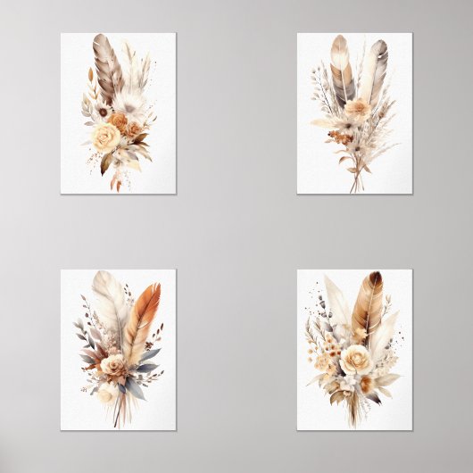 Boho Floral Feathers Beige Brown Gray Wall Art Set (Vorderseite)