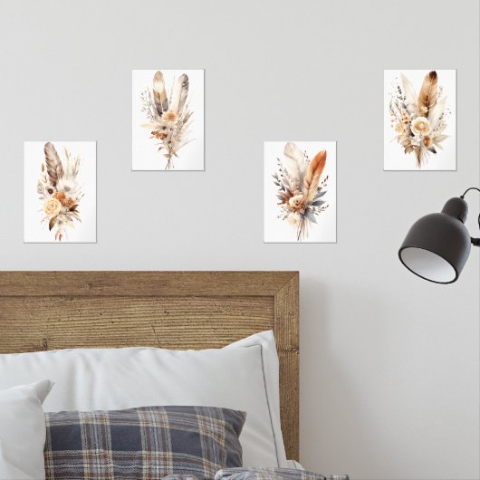 Boho Floral Feathers Beige Brown Gray Wall Art Set (Schlafzimmer)