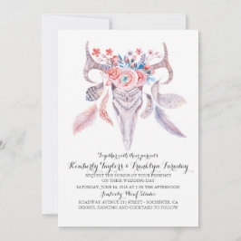 Boho Floral Feathers Deer Antlers Wedding Einladung
