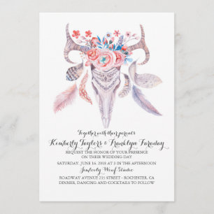 Boho Floral Feathers Deer Antlers Wedding Einladung
