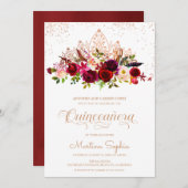 Boho Floral Feathers & Rose Gold Tiara Quinceanera Einladung (Vorne/Hinten)