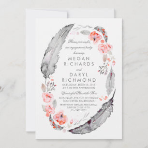 Boho Floral Feathers Vintage Engagement Party Einladung
