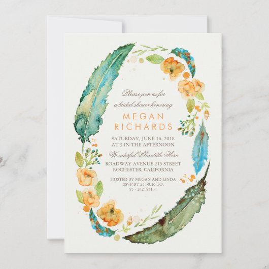 Boho Floral Feathers Vintages Brautparty Einladung (Vorderseite)